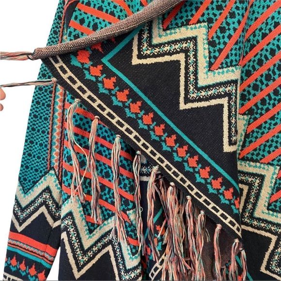 Flying Tomato retro bohemian Aztec print fringed open front cardigan size small - Picture 3 of 6